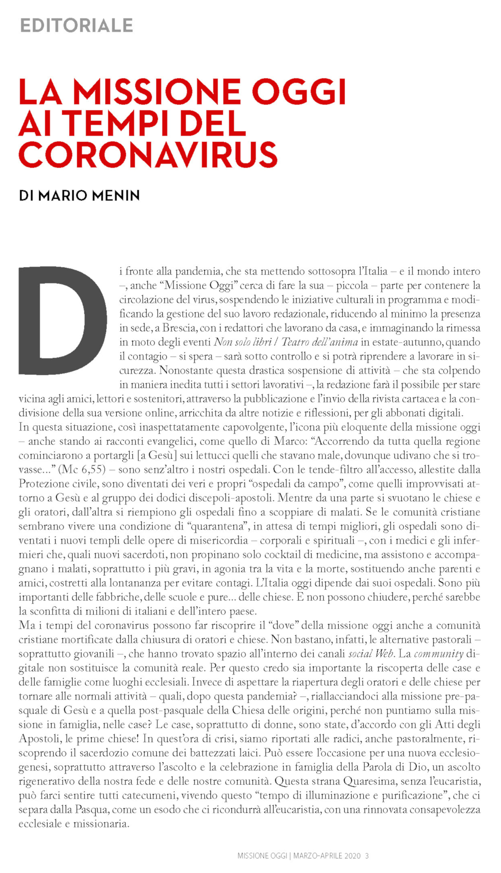 la missione oggi ai tempi del coronavirus editoriale